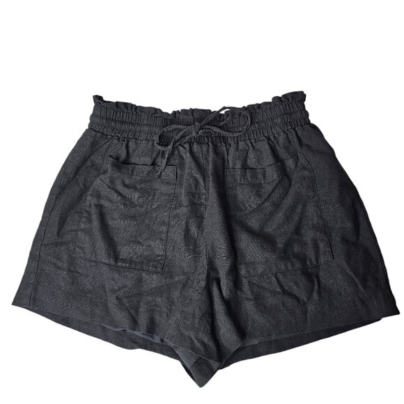 7 For All Mankind M Black Linen Blend Drawstring Pull On Shorts Patch Pockets - Picture 1 of 5